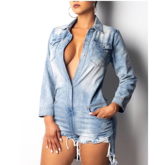 Pants - DISTRESSED LONG SLEEVE DENIM ROMPER
